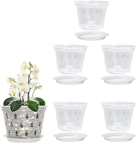 Ailovone Transparent Blumentopf Orchidee 5 Stück Orchideentopf Kunststoff Pflanztöpfe Atmungsaktiver mit Ablauflöchern und Untertassen für Indoor Outdoor Garden Balkon (11cm-5pcs)