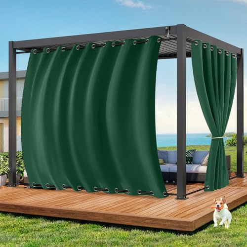 Qelus Outdoor Vorhang Wetterfest B254xH213CM, Wasserdicht Outdoorvorhänge mit Ösen, Aussen Gardinen Winddicht Sonnenschutz Sichtschutz für Garten Terrasse Balkon Pergola Pavillon (Tannengrün)