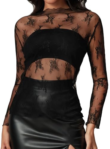 HAWILAND Maillot sexy pour femme en maille transparente à manches longues pour fête et club, Noir , X-Large