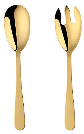 BISDARUN 12 Inches Salad Spoon and Fork Sets，Stainless Steel Salad Server Sets, Cooking Utensils for Kitchen, Simple and Classic Dishwasher Safe (Gold)