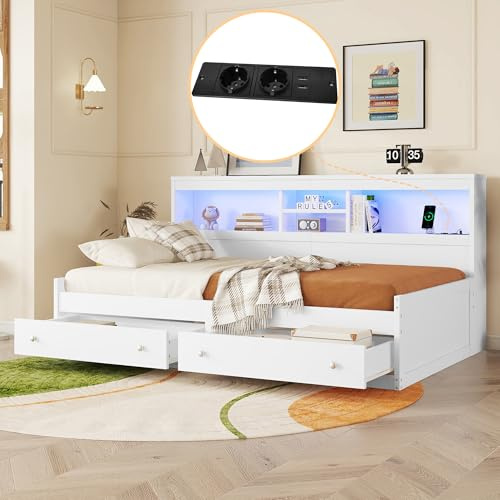Dolamaní Tagesbett Einzelbetten 90x200 cm, Bett mit 2 Schubladen und Lattenros, Daybett mit Regal, Holzbett jugendbett (Weiß)