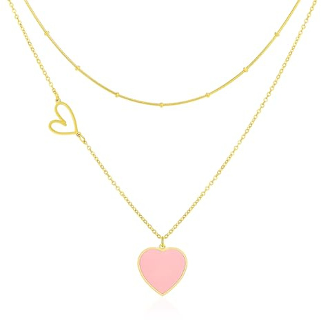 Linawe Collar con colgante en forma de corazón para mujer, collar de acero inoxidabl, cadena en capas con collar en forma de corazón, collar llamativo, joyería disponible en oro, oro rosa y plata