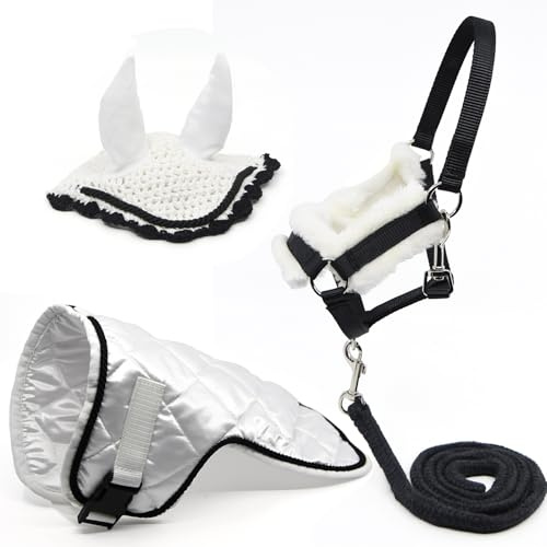 Zubehörset schwarz und weiß für Hobby Horse und Pferd, Stock, Halfter mit Führstrick + Decke + Fliegenhaube