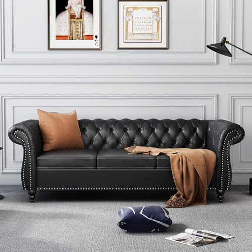 AVZEAR Chesterfield Leather Sofa 3 Seater Couch, Mid-Century Large Sofa Roll Arm Classic Tufted Settee Modern PU Sofa with Channel Tufted Seat Back for Living Room, Office, Apartment, PU Black