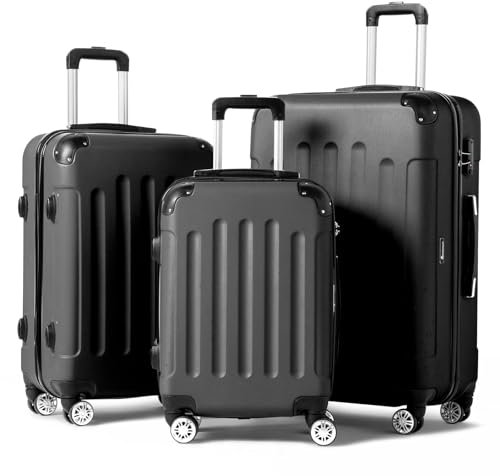 LALAHO Kofferset, 3-teilig (M, L, XL), Leichte Hartschalen-Trolleys aus ABS, Robust und Langlebig, Handgepäck mit 4 Rollen und Eckenschützern, Schwarz
