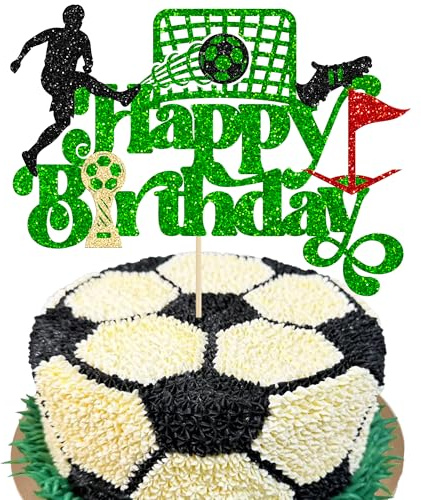 Gyufise 1Pcs Soccer Happy Birthday Cake Topper Glitter Football Player Cake Pick Decorations for Sport Theme Man Boy Girl Party Decoration Supplies Green
