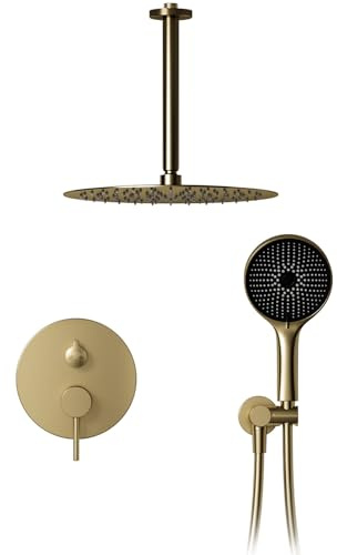 OihPaw Colonne de douche, ensemble de douche encastré complet en or brossé | Douche encastrable, pomme ronde haute pression 40 cm à effet pluie orientable à 360°, buses anticalcaires, douchette à main