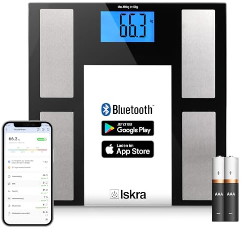 Iskra Körperfettwaage Bluetooth mit App, 180 kg, für iOS und Android, BIA-Technologie Personenwaage digital, Körperanalysewaage, 10 Benutzer Körperwaage
