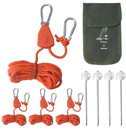 NAHUAA 4 Piezas Cuerdas Reflectantes 4mm x 4m Trinquete de Cuerda de Nailon de Tienda Tensor Cuerdas Camping Nylon Paracord Cuerda de Camping con Polea para Tipo Tienda de Campaña, Toldos, Naranja