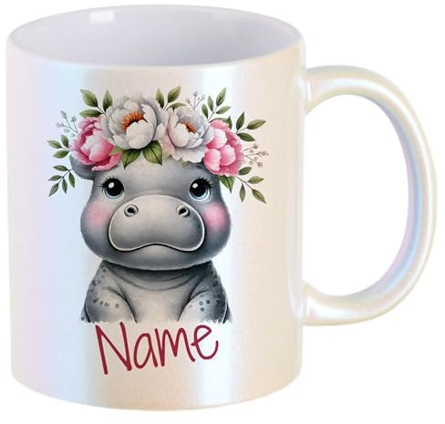 GRAZDesign Personalisierte schimmernde Tasse mit Perlenoptik Nilpferd für Mädchen, Hippo Geschenk mit Namen