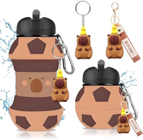 GlibberToy Borraccia Silicone Design Calcio per Bambini e Adulti, Capybara Borraccia Calcio con Portachiavi a Forma di Capybara, 550ml Bottiglia Adatta a Campeggio Viaggi Sport