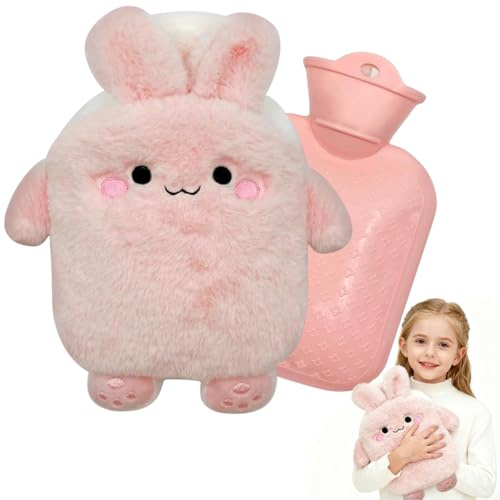 KUWUNG Wärmflasche Kinder, 400ml Süß Wärmflasche Klein mit Bezug, Plüsch Wärmeflasche Karikatur mit Handwärmern, Abnehmbare und Waschbare Wärmflaschen Winter für Kinder und Erwachsene (Rosa)