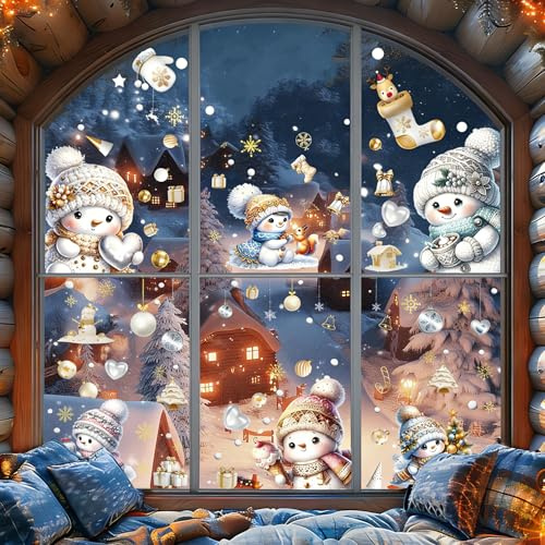 Fensterbilder Weihnachten selbstklebend, wiederverwendbare Fensterdeko Weihnachten mit Schneeflocken, Weihnachtsfensterbilder für Fenstersticker Weihnachten,Türen, Schaufenster, Winterdekoration (A)