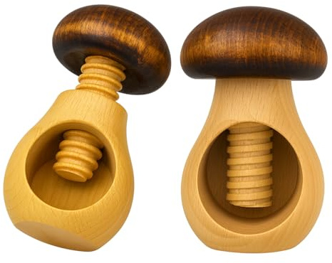 NEUSTANLO Nussknacker Set 2-teilig | Pilz Design in Braun | massives Buchenholz handgefertigt | Schraubgewinde mit dickem Gewinde | klassischer Charme | ideal für Walnüsse & Haselnüsse