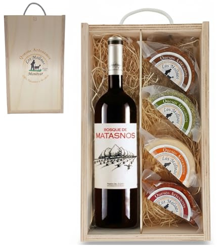 Estuche Gourmet 4 Quesos Artesanos de Leche Cabra con Botella Vino Tinto Matasnos | Caja de Madera | Queso Semicurado, Romero, Pimentón y Curado | Regalo Gastronómico | Ganadería Propia