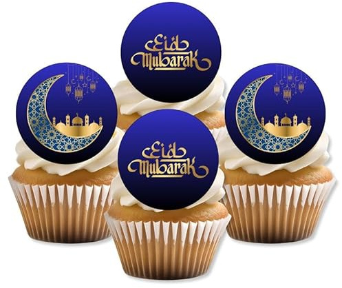 Eid Mubarak Edible Cupcake Toppers | PRECUT Royal Blue Gold Islamic Cake Decorations