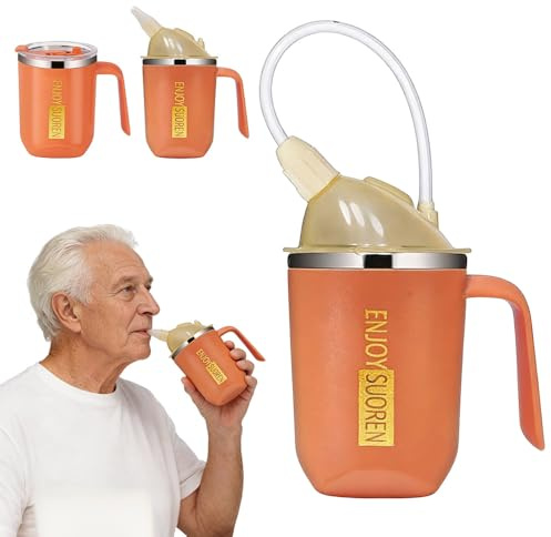 Pengrity 3 in 1 Beakers for Elderly 400ml, Non Spill Cups for Elderly, with 30cm Long Straw, Handle and Leakproof Lid, Adult Sippy Cups for Bedridden Seniors, Dysphagia & Disability Care (Orange)