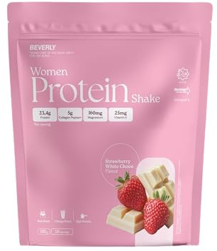 Beverly Women Protein - Proteína de suero especial mujer con Colágneno marino, magnesio y vitamina E - 24 g de proteína por servicio (500 g, Chocolate blanco fresa)