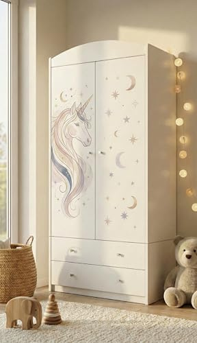 Happy Babies Kinderkleiderschrank mit bezauberndem Motiv – 2-türiger Schrank für Kinderzimmer inkl. 2 Schubladen, Kleiderstange & Einlegeböden, Weiß (88x187x54 cm) (nr 387)