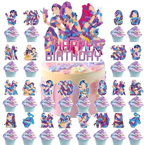 FOSDICK Juego de 25 Decoracion Tartas Cumpleaños, 1pcs Happy birthday Cake Topper y 24pcs Adornos para Cupcakes, Anime Decoracion Tarta Cumpleaños, Decoración de Pasteles para Fiesta Cumpleaños Niños