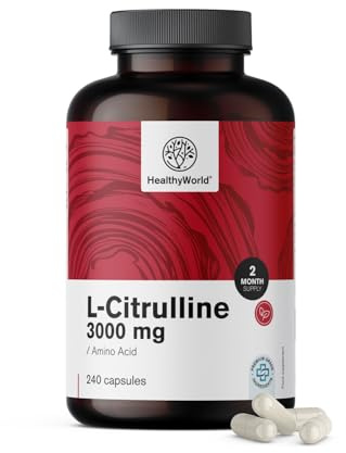 HealthyWorld L-Citrulina - 3000 mg por dosis diaria - 240 cápsulas - Aminoácido esencial - Para 2 meses - 4 cápsulas al día - Alta Concentración - Sistema Cascular y Circulación