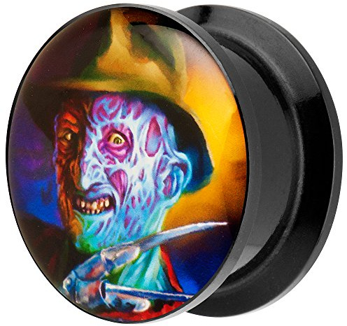 Piersando Ohr Plug Piercing Kunststoff Motiv Comic Picture Flesh Tunnel Ohrplug mit Freddy Horror Crazy Schwarz Bunt