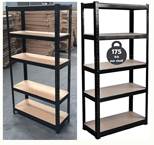 Feidak 150cm x 70cm x 30cm 5 Tier Shelf, Steel & MDF Boltless Shelves, 875kg Total Capacity/175kg Per Shelf Garage shed Storage Shelving Units, 3 Year Warranty (Black)