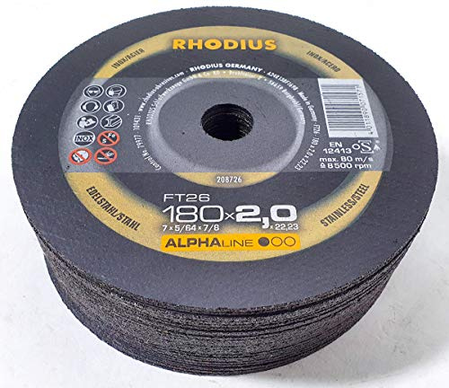 Rhodius FT26 Lot de 25 disques à tronçonner 180 x 2,0 mm pour acier inoxydable/acier