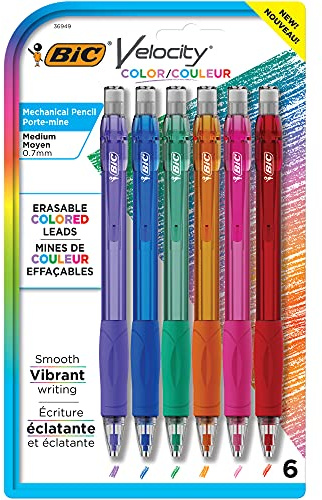 BIC Velocity Mechanical Pencils with Colored Leads, Medium Point (0.7 mm), 6-Count Pack, Perfect for Drawing and Journaling (MV7CP61-AST)
