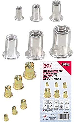 BGS 14127 | Nietmuttern-Sortiment | 150-tlg. | Aluminium | in praktischer + Nietmuttern-Sortiment | 150-tlg. | verzinkter Stahl | in praktischer, wiederverwendbarer Universalbox