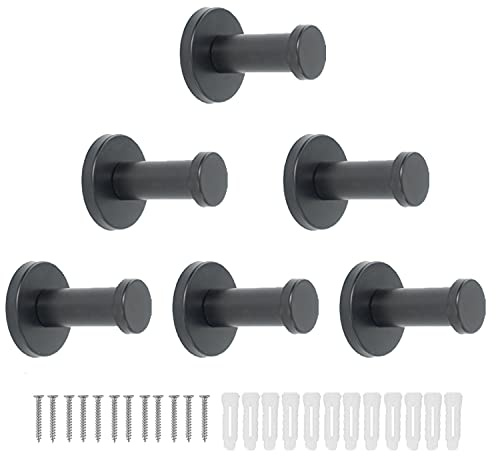 Vanloory Bathroom Towel Hooks, 6 Pack Round Coat Hooks, Sturdy Wall Mounted Robe Hook, SUS 304 Stainless Steel Heavy Duty Clothes Hanger, Wall Towel Hooks for Bathroom Bedroom Kitchen (Black)