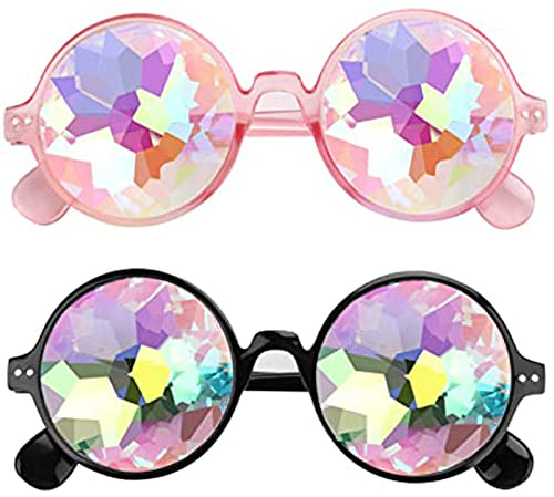 dcas 2 Stück 4D Kaleidoskop Brille Regenbogen, Kaleidoskop Brille Prisma, Brille Mit Steampunk Kaleidoskop, Regenbogen Festivals Rave Brille, Kaleidoskop Partybrille Für Festivals (Schwarz, Pink)