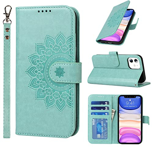 ELTEKER Handyhülle iPhone 11 Hülle Klapphülle mit Kartenfächern Magnetverschluss und Eleganter Prägung, PU Lerder Schutzhülle für iPhone 11, Grün