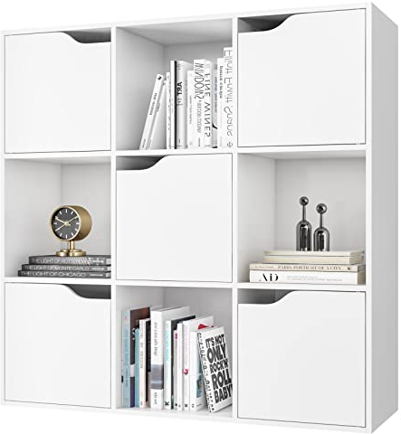FirFurd Bücherregal, Regal weiß, Bücherschrank mit 5 Türen 9 Fächern, Aufbewahrungsregal, Büroregal für Wohnzimmer Arbeitszimmer 90 x 29 x 90 cm