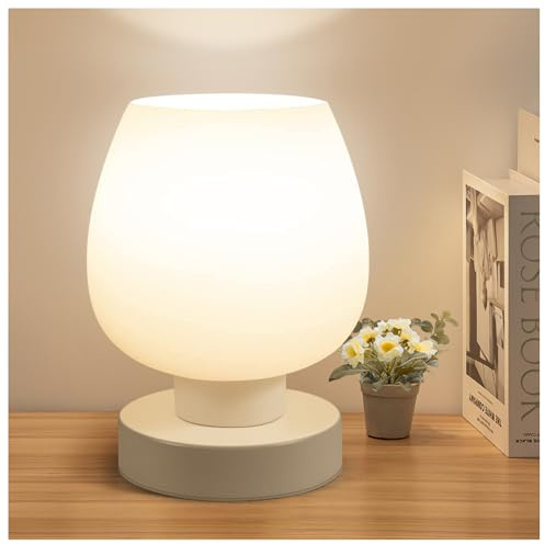 ONEWISH Small Bedside Lamp for Bedroom, 3-Way Dimmable Touch Control, 600 Lumen Bright Opal Glass Shade, 7.5 Inch Ultra Compact Nightstand Lamp, Warm White 2700K LED Bulb Included, Modern Design