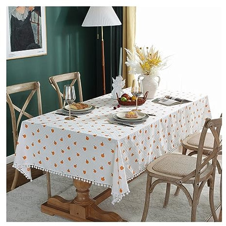 KnSam Tischtücher Orange Weiß, Orange mit Samtball Tischwäsche Baumwolle Abwaschbare Tischdecke Biertisch Abwaschbar Geeignet für Home Küche Dekoration, Verschiedene Größen, 60x60CM