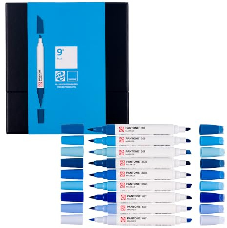 Talens | Pantone Set di 9 Marcatori Blue | Penna a Doppia Punta con Pennello e Punta a Scalpello | Inchiostro Pigmentato a Base d'Acqua nei Colori Pantone