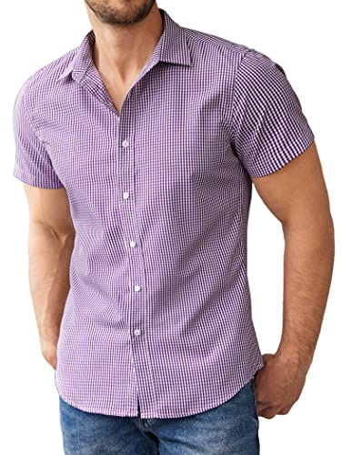 COOFANDY Herrskjorta, kortärmad sommarskjorta, herrskjorta, kortärmad affärsskjorta, fritidsskjorta, kortärmad tröja, stretch, skjorta, män, XS-4XL, Lila-rutig, M