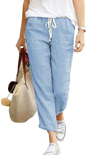 Hose Damen Leinen Sommerhose 7/8 Casual Leichte Baumwolle Leinenhose Stoffhose Bequeme Luftige Freizeithose Strandhose Mit Taschen