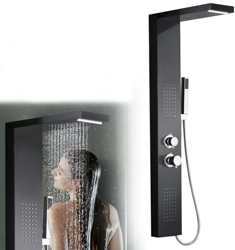 FIVMEN Sistema de ducha multifuncional con 4 funciones, acero inoxidable 304, ducha con efecto lluvia, ducha de mano, ducha de masaje, ducha cascada, columna de ducha interior/exterior, juego de