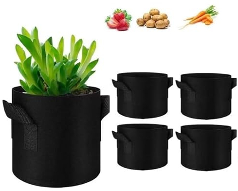 DafuDaGui 5 Stück 11L Pflanzsäcke aus Vliesstoff, Pflanzbeutel Kartoffelsack mit Griff, Ø25cm Höhe 20cm, Pflanztaschen für Gemüsebeet, Gewächshaus, Blumen, Pflanzen, 3 Gallonen, Schwarz