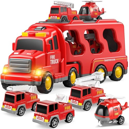 TEMI Feuerwehrauto Spielzeug für 3 4 5 6 Jahre Jungen Mädchen,5 in 1 Träger LKW für Kleinkinder 1-3, Reibung Power Auto Spielzeug für Kinder 3-5, Weihnachts-Geburtstagsgeschenke für Alter 3-9