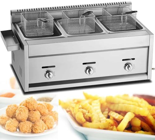 Friteuse commerciale à gaz GPL de comptoir, avec panier et couvercle en acier inoxydable, grande capacité, pour frites, cuisine domestique (9l+9l+9l)