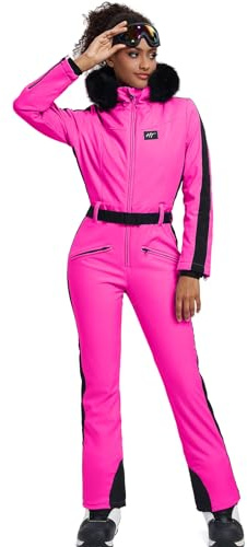 HOTIAN Combinaison de ski pour femme - Une pièce - Combinaison de ski - Hiver - Chaude - Imperméable - Coupe-vent - Combinaison de neige - Avec capuche, rose, M