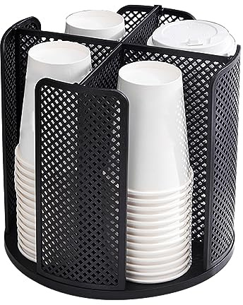 Yallmie Rotatable Coffee Cup Lid Organizer with 4 Compartments Paper Cup Dispenser Holder Rack Durable Paper Cup Storage for Countertop Home Office Coffee Shop (Black)
