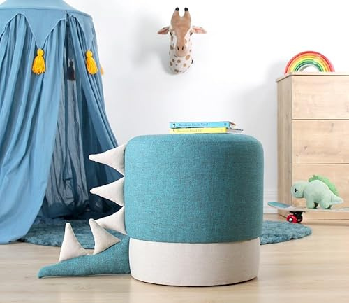 Emob Moderner Blauer Pouf, 37 cm Durchmesser x 38 cm Höhe | 50% Baumwolle/50% Samt, PVC-beschichtete Beine, 6 cm orthopädischer Schaumstoff | Ideal für Kinder und Unterhaltung