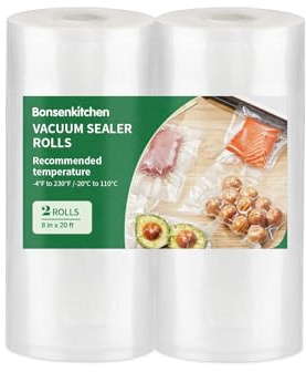 Bonsenkitchen Rotoli sottovuoto, senza bisfenolo A, sacchetti spessi per la conservazione degli alimenti, adatti per cucinare e congelare, senza BPA, ideali per Sous Vide, 2 rotoli da 28 cm x 600 cm