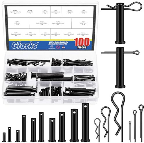Glarks 100pcs 16 Sizes Clevis Pins with Cotter Pins and R Clips Set, Black, Include 50pcs Link Hinge Pins with 25pcs Key Fastener Fitting and 25pcs R-Clips, Single Hole Flat Head Clevis Pins Kit