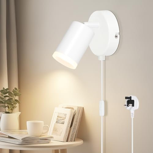 Dehobo Wall Light with Switch, Plug in Wall Spot Lamps GU10 Adjustable Wall Mounted Lights Aluminum Matte White for Bedroom Reading Room Cupboard Kitchen Desk Picture, No Bulb