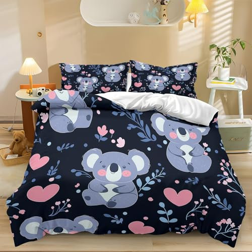 Fibra Superfine Copripiumini Stile Cartone Animato Koala Forma Di Cuore Fiori Prevenire L'Allergia Con Cerniera Morbido E Confortevole Copripiumino 220x230cm Stampa 3D Set Copripiumino Con Due Federa